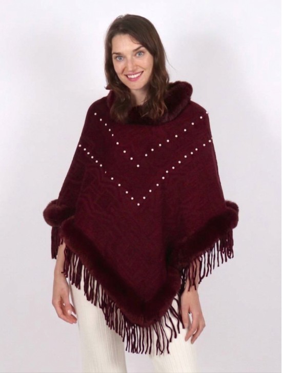 Beaded Poncho with Faux Fur Trim and Fringes